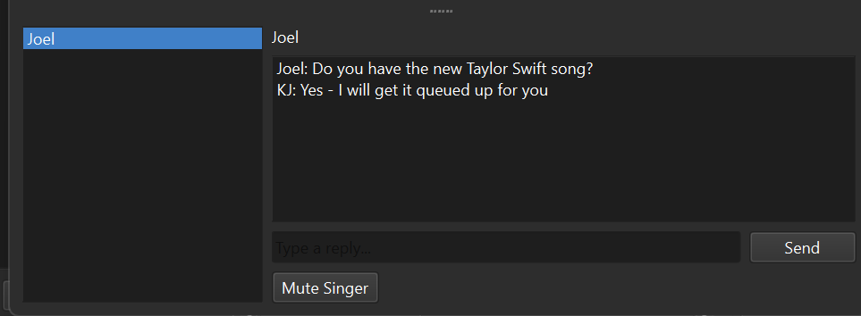 Built-in chat panel showing a message exchange between a singer and the KJ