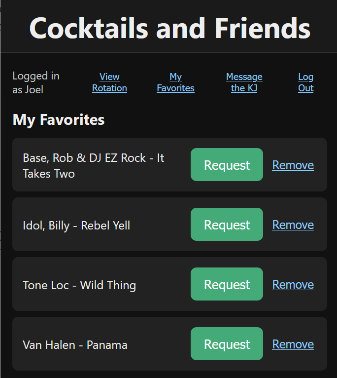 Singer's phone view of their saved favorite songs, each with a one-tap Request button