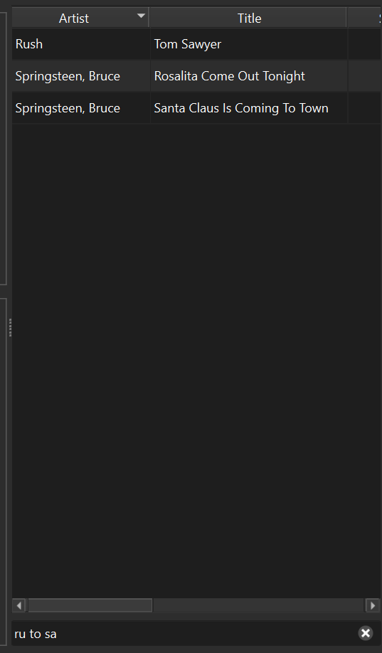 Song library filtered live by a partial search, showing only matching artists and titles