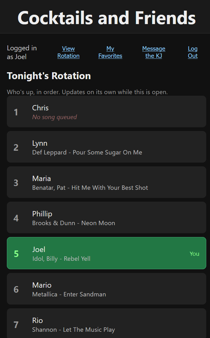 Singer's phone view of tonight's rotation, live-updating with their own turn highlighted