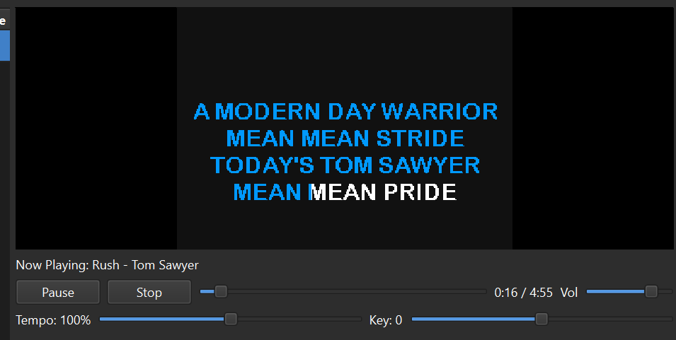 A song playing with on-screen lyrics, plus Pause/Stop, position, tempo, and key controls