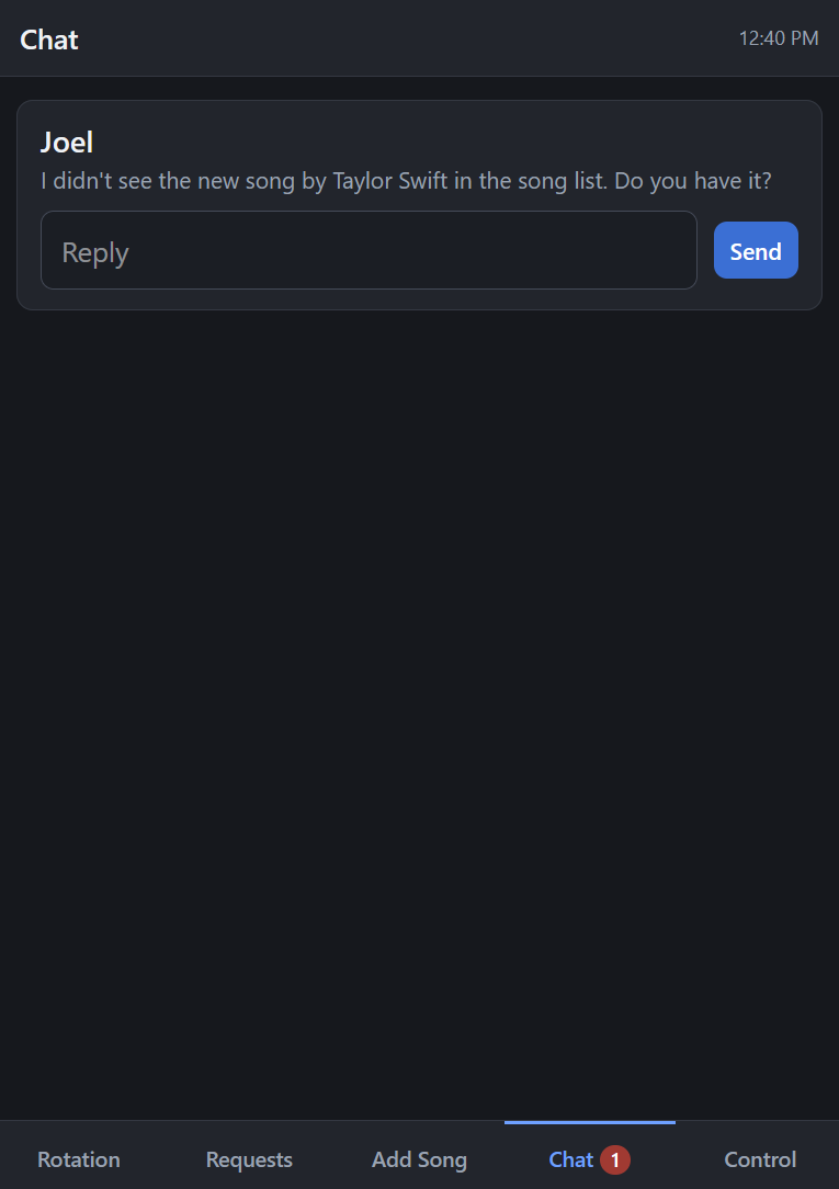 KJ Remote's Chat screen: read and reply to messages from singers