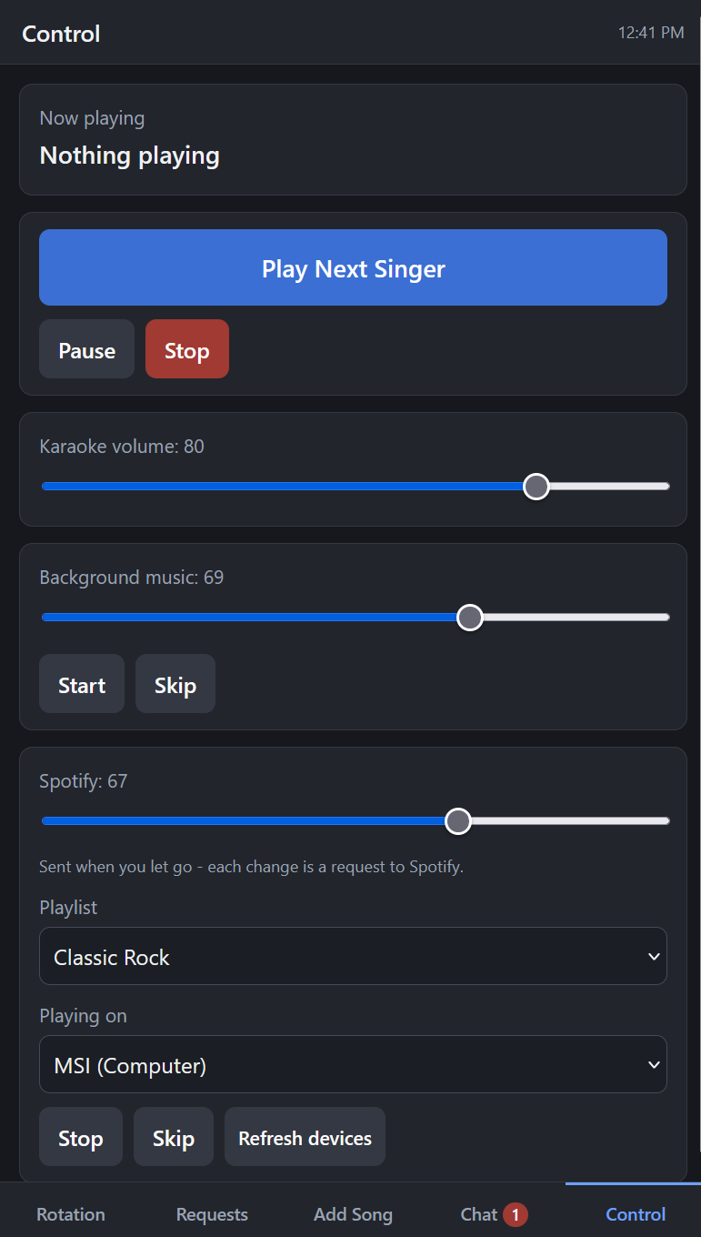 KJ Remote's Control screen: pause or stop playback, adjust karaoke and background music volume, and control background music and Spotify