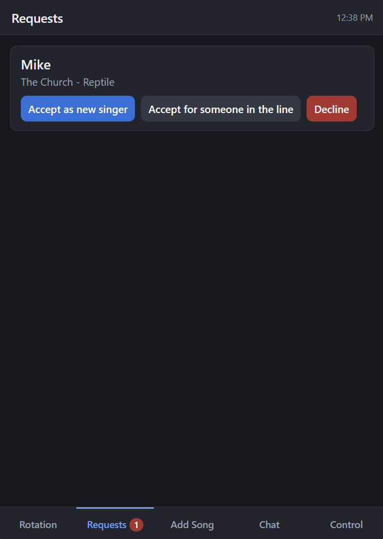 KJ Remote's Requests screen: accept an incoming song request as a new singer or assign it to someone already in line