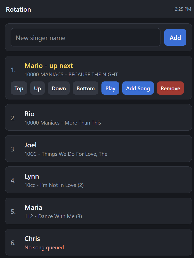 KJ Remote's Rotation screen: reorder singers, add or remove them, queue up songs, and start the next one