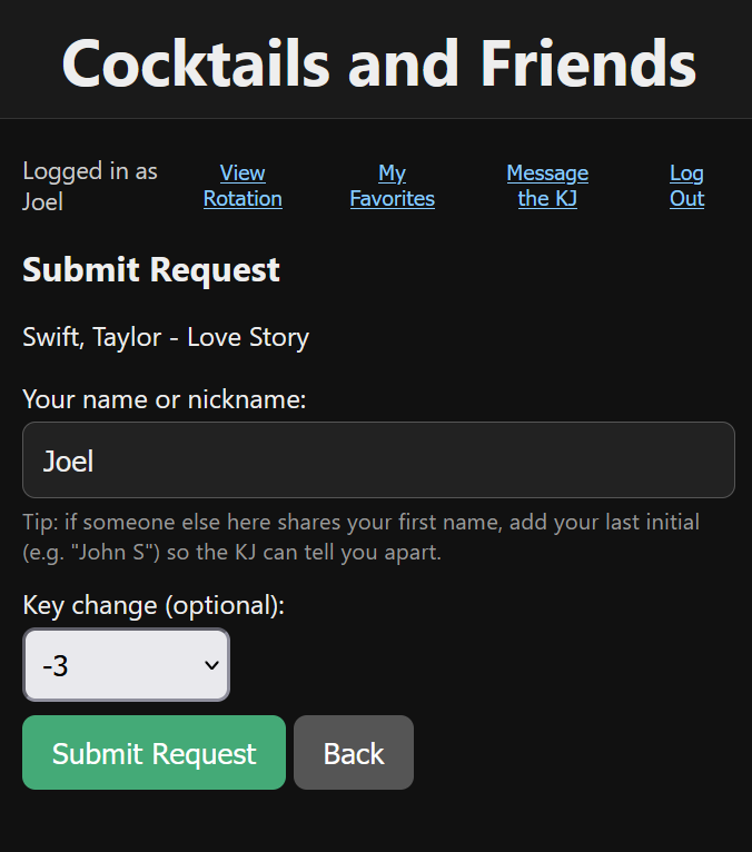 Singer's phone view: submitting a request for a song, with an optional key change