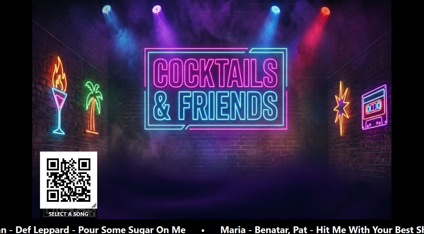 Singer-facing display between songs: a custom background image, the request QR code, and the up-next ticker along the bottom