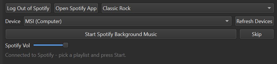 Spotify remote control panel with playlist selection, device picker, and volume