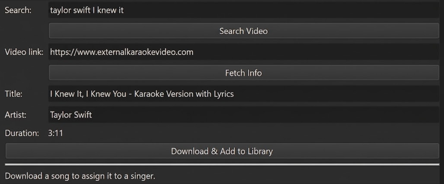 External video search and download panel showing a fetched title, artist, and duration ready to add to the library
